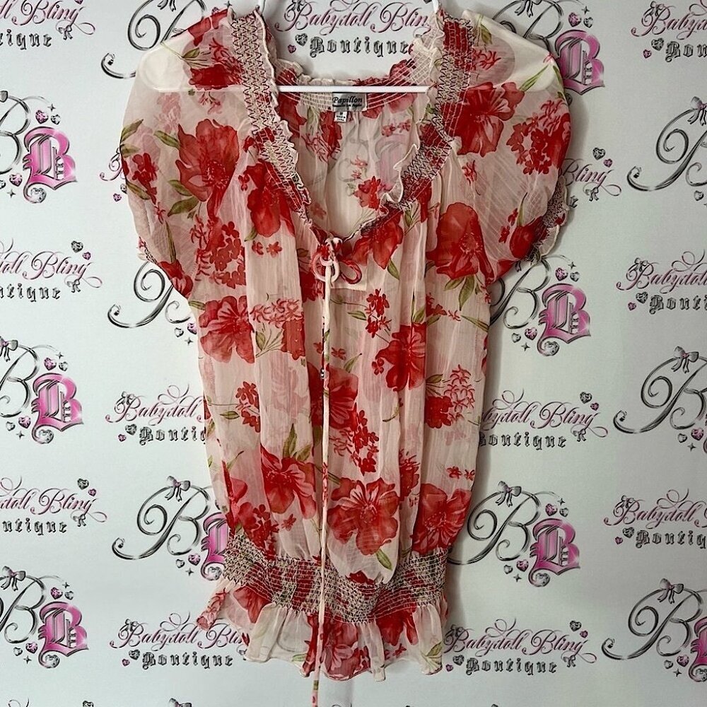 Papillon Blanc White and Red Ruffled Tie Front Blouse floral flowers puff sleeve